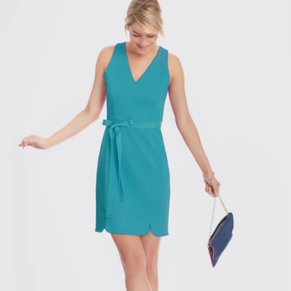 Draper James Turquoise Dress Sleeveless Scalloped Tie Waist Size 4